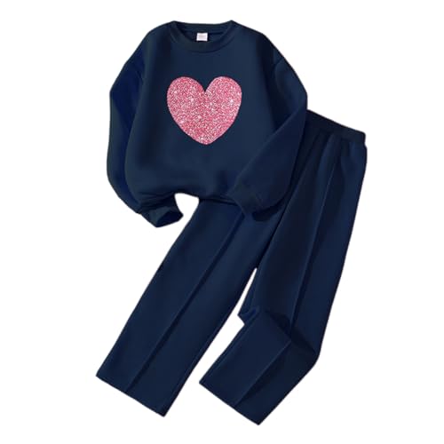 Citridarll Mädchen Trainingsanzug 2-teilige Outfits Mädchenkleidung Langarm-Shirts mit Herzprint und weit geschnittene Hosen Sweatshirts 2-teiliges Herbst Outfit Set, 11Y, 10-11 Jahre, Blau von Citridarll