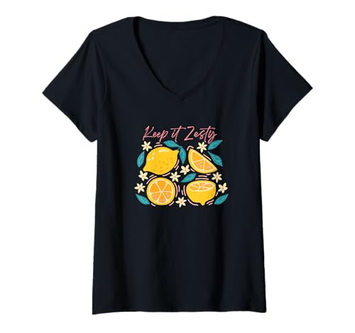 Damen Keep It Zesty, niedliche Zitronen mit Blumen, positiver Zitrusspaß T-Shirt mit V-Ausschnitt von Citrus Fruits