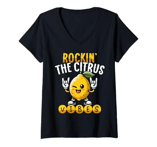 Damen Rockin The Citrus Vibes Zitronenmusik Sommerspaß T-Shirt mit V-Ausschnitt Damen Rockin The Citrus Vibes Zitronenmusik Sommerspaß T-Shirt mit V-Ausschnitt von Citrus Lemon Vibes Rock Music Summer Humor