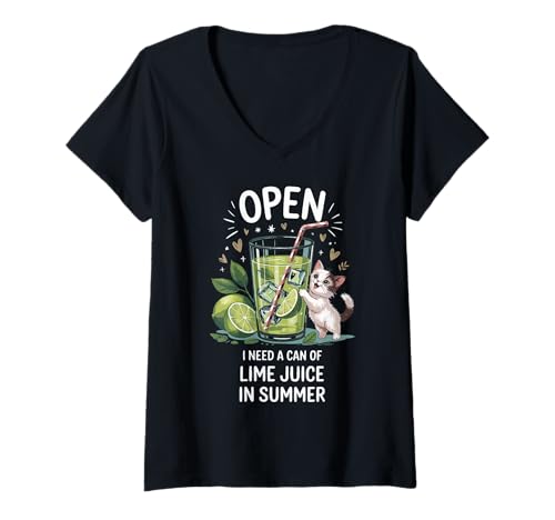 Damen Süßes Kätzchen mit Limettensaft Sommerkunst T-Shirt mit V-Ausschnitt Damen Süßes Kätzchen mit Limettensaft Sommerkunst T-Shirt mit V-Ausschnitt von Citrus Paws Studio