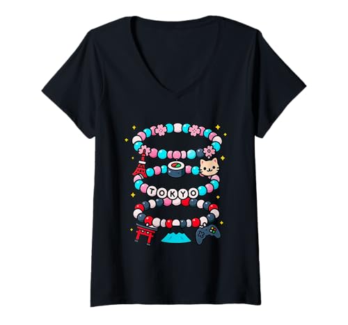 Damen Tokyo Freundschaftsarmband Bead Charm Japan Travel Design T-Shirt mit V-Ausschnitt Damen Tokyo Freundschaftsarmband Bead Charm Japan Travel Design T-Shirt mit V-Ausschnitt von City Charm Bead Bracelets