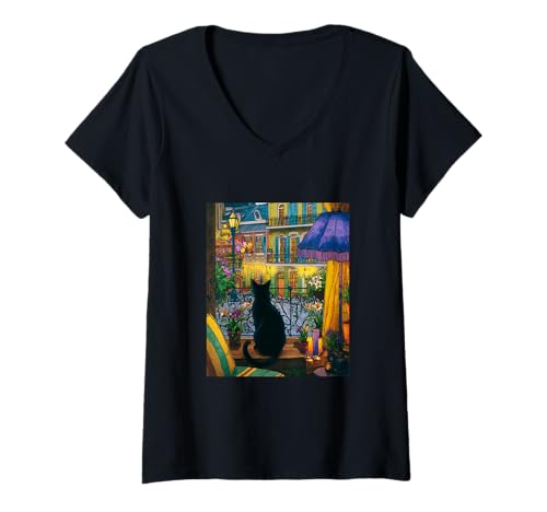 Damen New Orleans Cat French Quarter City Nachtästhetik T-Shirt mit V-Ausschnitt Damen New Orleans Cat French Quarter City Nachtästhetik T-Shirt mit V-Ausschnitt von City Charm Collective