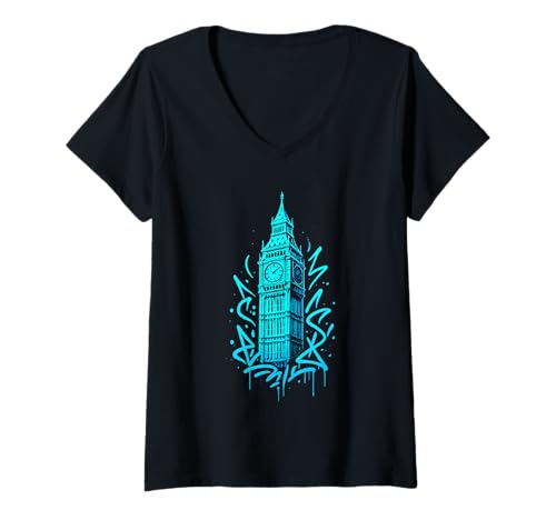 Damen Großbritannien Big Ben London Retro Design T-Shirt mit V-Ausschnitt Damen Großbritannien Big Ben London Retro Design T-Shirt mit V-Ausschnitt von City Clock