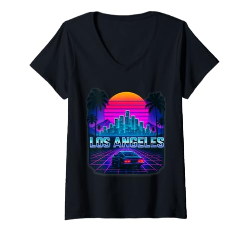 Damen Los Angeles City Glow Skyline Sonnenuntergang Palmen Auto T-Shirt mit V-Ausschnitt Damen Los Angeles City Glow Skyline Sonnenuntergang Palmen Auto T-Shirt mit V-Ausschnitt von City Glow Collection