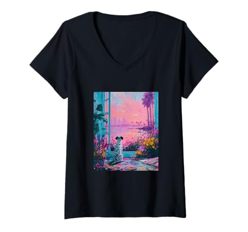 Damen San Diego Skyline Dalmatiner Hund Sonnenuntergang Kunstwerk T-Shirt mit V-Ausschnitt von City Pet Skyline Collection
