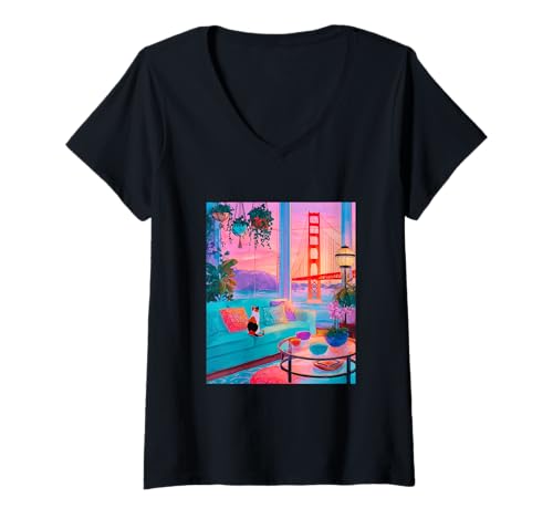 Damen San Francisco Calico Cat, Retro-Kunstwerk an der GoldenGate-Brücke T-Shirt mit V-Ausschnitt Damen San Francisco Calico Cat, Retro-Kunstwerk an der GoldenGate-Brücke T-Shirt mit V-Ausschnitt von City Pets Collective