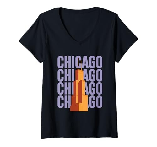 Damen Chicago Willis Tower Skyline Blockbuchstaben-Design im Retro-Letter-Design T-Shirt mit V-Ausschnitt Damen Chicago Willis Tower Skyline Blockbuchstaben-Design im Retro-Letter-Design T-Shirt mit V-Ausschnitt von City Skyline Apparel