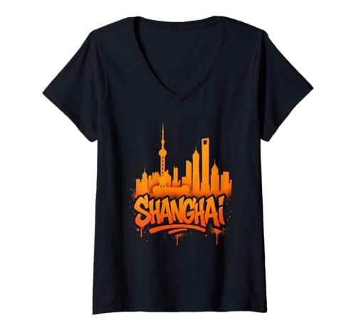 Damen Shanghai Graffiti-Design T-Shirt mit V-Ausschnitt Damen Shanghai Graffiti-Design T-Shirt mit V-Ausschnitt von City Style