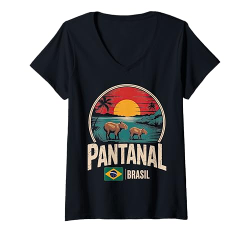 Damen Pantanal Brasil Städtereise Brasilien Natur Sonnenuntergang T-Shirt mit V-Ausschnitt Damen Pantanal Brasil Städtereise Brasilien Natur Sonnenuntergang T-Shirt mit V-Ausschnitt von City Travel Brasil Pantanal Adventure Explore