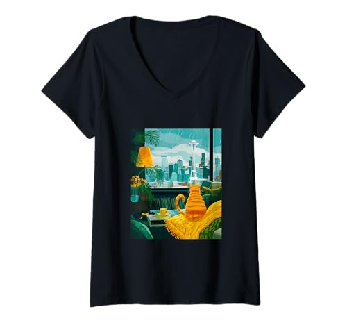 Damen Seattle Cat City Skyline Retro Ästhetik T-Shirt mit V-Ausschnitt von City Vibez Graphics