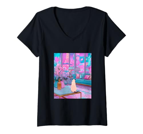 Damen Las Vegas Siamkatze Retro City Pop Art T-Shirt mit V-Ausschnitt Damen Las Vegas Siamkatze Retro City Pop Art T-Shirt mit V-Ausschnitt von City Vibez