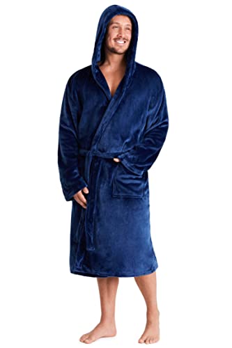 City Comfort® Herren Kapuzen-Morgenmantel weiche Fleece-Kleider Bademantel Bademantel mit Schal Pelz Detail oder Kapuze (M/L, Navy mit Kapuze) von CityComfort
