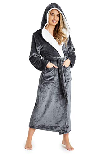 CityComfort Bademantel Damen, Morgenmantel Saunamantel Damen, Bequem Spa Kimono, Baumwolle Bademantel mit Kapuze und Taschen, Geschenke für Frauen (S, Dunkelgrau) von CityComfort