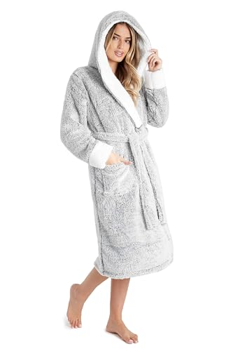 CityComfort Bademantel Damen Flauschig, Fleece Morgenmantel Damen Dressing Gown Women (Zweifarbiges Grau, S) von CityComfort