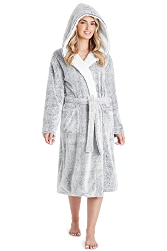 CityComfort Bademantel Damen Flauschig, Fleece Morgenmantel Damen mit Kapuze, Dressing Gown Women (Zweifarbiges Dunkel Grau, M) von CityComfort