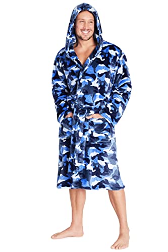 CityComfort Bademantel Herren, Flauschiger Fleece Morgenmantel Herren mit Kapuze, Camo Sauna Bademantel, Geschenke für Männer (Blaue Tarnung, L) von CityComfort