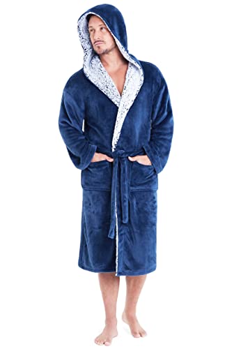 CityComfort Bademantel Herren, Kuschelfleece Morgenmantel mit Kapuze und Taschen, Plüsch Warme Hausmantel Lang, Weich Saunamantel für Spa und Urlaub, Soft Robe, Geschenke fur Manner (L, Dunkelblau) von CityComfort