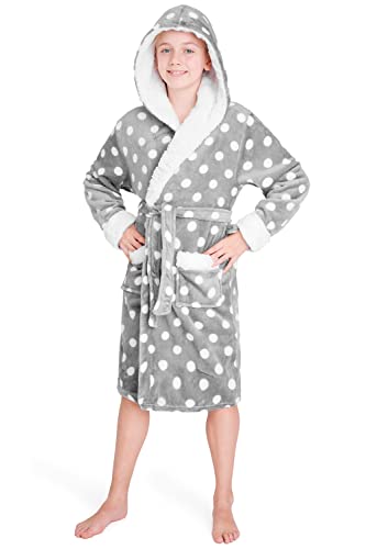 CityComfort Bademantel Kinder Mädchen, Fleece Morgenmantel Kinder Dressing Gown mit Punkten(Grau, 11-12 Jahre) von CityComfort