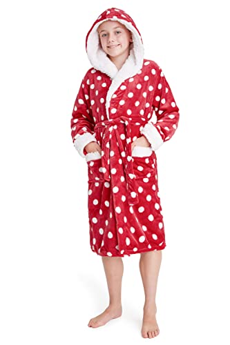 CityComfort Bademantel Kinder Mädchen, Fleece Morgenmantel Kinder Dressing Gown mit Punkten(Rot, 11-12 Jahre) von CityComfort