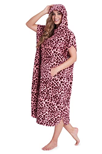 CityComfort Badeponcho Damen und Herren Kapuzenhandtuch, Baumwolle Frottee Surf Poncho (L/XL, Rosa Leopard) von CityComfort