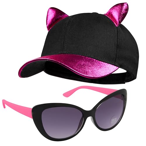 CityComfort Baseball Cap Kinder, 2er Set Snapback Cap mit Ohren und Sonnenbrille Kinder Sonnenschutz - Geschenke für Mädchen (Schwarz/Rosa) von CityComfort