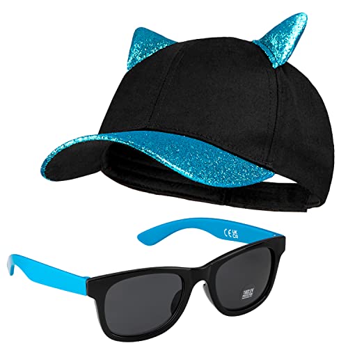 CityComfort Baseball Cap Kinder, 2er Set Snapback Cap mit Ohren und Sonnenbrille Kinder Sonnenschutz - Geschenke für Mädchen (Blau Neon) von CityComfort