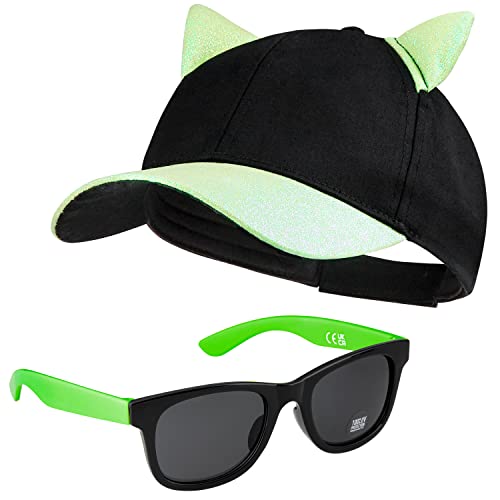 CityComfort Baseball Cap Kinder 2er Set Snapback Cap und Sonnenbrille Kinder Mädchen Sonnenschutz Set Sonnenhut Glitzer (Grun Neon) von CityComfort