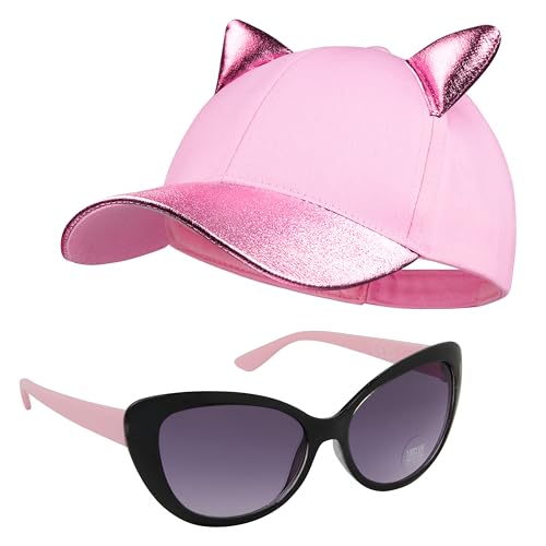CityComfort Baseball Cap Kinder, 2er Set Snapback Cap mit Ohren und Sonnenbrille Kinder Sonnenschutz - Geschenke für Mädchen (Rosa) von CityComfort