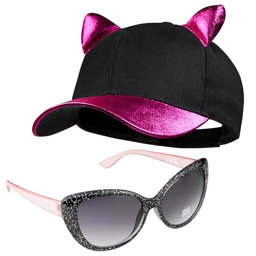 CityComfort Baseball Cap Kinder, 2er Set Snapback Cap mit Ohren und Sonnenbrille Kinder Sonnenschutz - Geschenke für Mädchen (Schwarz/Rosa) von CityComfort