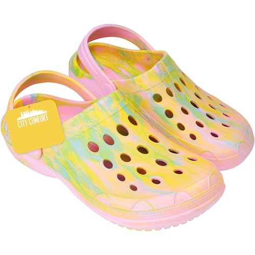 CityComfort Clogs Damen Hausschuhe Bequem Leichte Sommer Pantoletten mit Riemchen für Haus Garten Arbeit oder Strand Geschenk für Frauen (37/38 EU, Gelb Tie Dye) von CityComfort