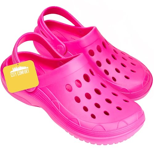 CityComfort Clogs Damen Hausschuhe Bequem Leichte Sommer Pantoletten mit Riemchen für Haus Garten Arbeit oder Strand Geschenk für Frauen (39/40 EU, Neonfuchsie) von CityComfort