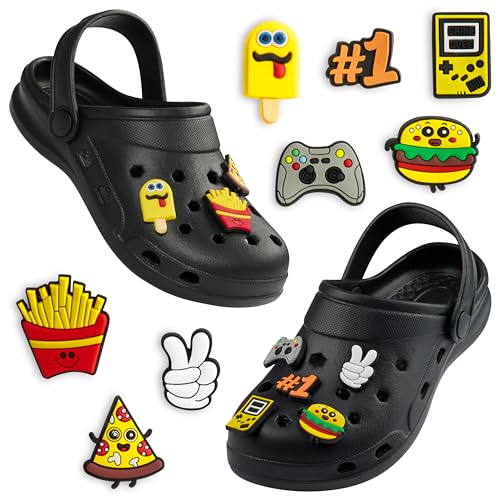 CityComfort Clogs Kinder, Gartenschuhe Badeschuhe Jungen mit abnehmbaren Anhängern (Schwarz, 28/29 EU) von CityComfort