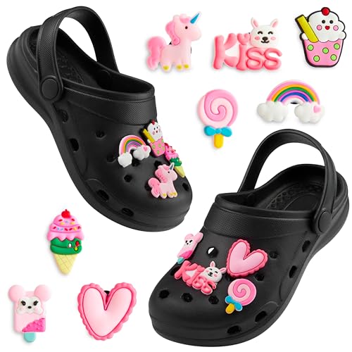 CityComfort Clogs Kinder, Gartenschuhe Badeschuhe Jungen mit abnehmbaren Anhängern (Schwarz/Rosa, 34/35 EU) von CityComfort