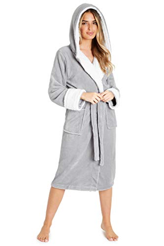 CityComfort Bademantel Damen Flauschig, Fleece Morgenmantel Damen Dressing Gown Women (Hellgrau/Weiss, S) von CityComfort