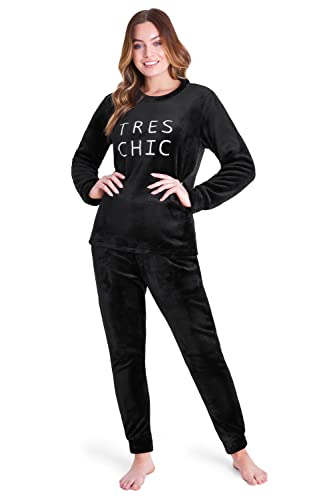 CityComfort Fleece Schlafanzug Damen Lang, 2-Teiliges Pyjama Set, Hausanzug Damen Winter, Geschenke für Frauen Jugendliche (L, Schwarz) von CityComfort