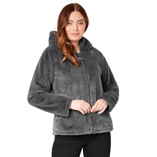 CityComfort Damen Mantel Flauschig mit Kapuze Reißverschluss 2 Taschen (Holzkohle, S) von CityComfort