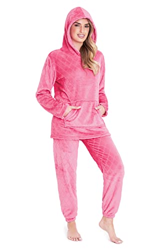 CityComfort Schlafanzug Damen Lang Flauschig Warm Winter Fleece Pyjama Damen Hausanzug Kuschelig (M, Rosa) von CityComfort