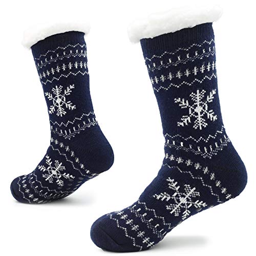 CityComfort Hausschuhe Slipper-Socken für Herren mit Sherpa-Wollschicht-Bettpantoffeln für den Menschen rutschfeste norwegische,Schneeflocke Blau,41/46 EU von CityComfort