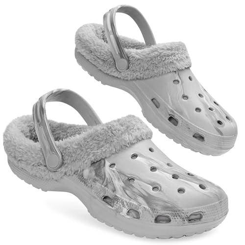CityComfort Herren Clogs mit Fleecefutter, Warme und Bequeme Hausschuhe – Geschenke für Männer (Grau Marmor, 44 EU) von CityComfort