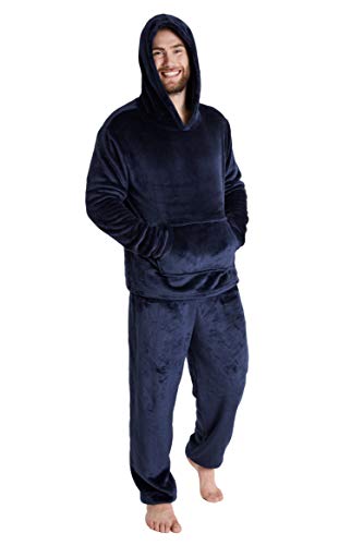 CityComfort Herren Pyjama Lang, Herren Schlafanzug Camouflage, Fleece Hoodie und Schlafhose Set, Pyjama Herren und Teenager Jungen M-2XL (Navy blau, L) von CityComfort