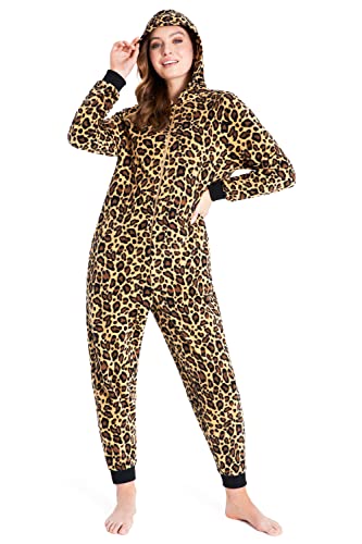 CityComfort Jumpsuit Damen Kuschelig Fleece Einteiler Schlafanzug Onesie Damen S-XL (Braun Leopard, L) von CityComfort