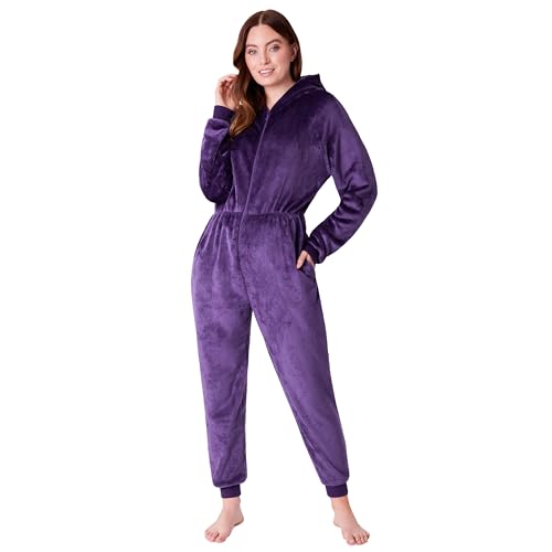 CityComfort Jumpsuit Damen Kuschelig Fleece Einteiler Schlafanzug Onesie Damen S-XL (Dunkelviolett,XL) von CityComfort