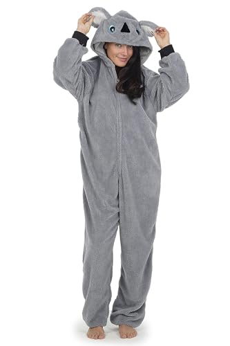 CityComfort Jumpsuit Damen Kuschelig Fleece Einteiler Schlafanzug Onesie Damen S-XL (Grauer Koala, L) von CityComfort