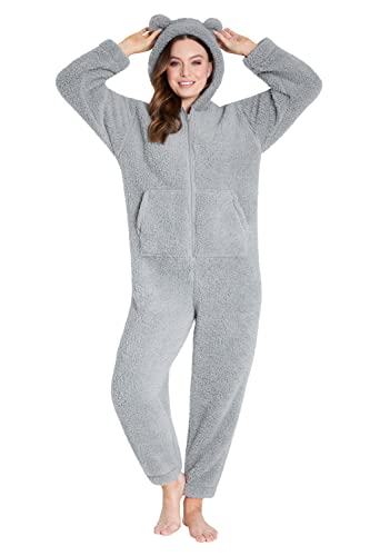 CityComfort Jumpsuit Damen Kuschelig Fleece Onesie Damen Flauschig S-XL (Grau, M) von CityComfort