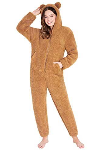 CityComfort Jumpsuit Damen Kuschelig Fleece Onesie Damen Flauschig S-XL (Teddy Braun, M) von CityComfort