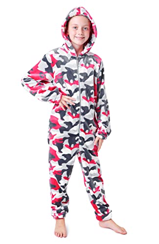 CityComfort Onesie Kinder Fleece Overall Jumpsuit Schlafanzug Jungen Mädchen Extra Weich Einteiler Ganzkörperanzug Schlafoverall Pyjama Strampelanzug 7-14 Jahre (Pink Tarnfarben, 13-14 Jahre) von CityComfort