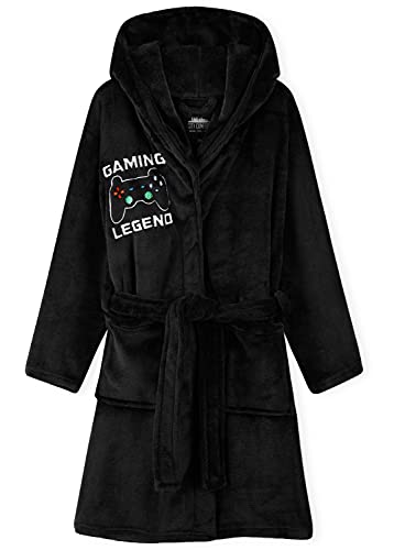 CityComfort Jungen Bademantel, Kinder Morgenmantel Flauschig für Gamers, Fleece Kinderbademantel mit Kapuze und Seitentasche, Weich Bademantel Kinder (Schwarz, 11-12 Jahre) von CityComfort