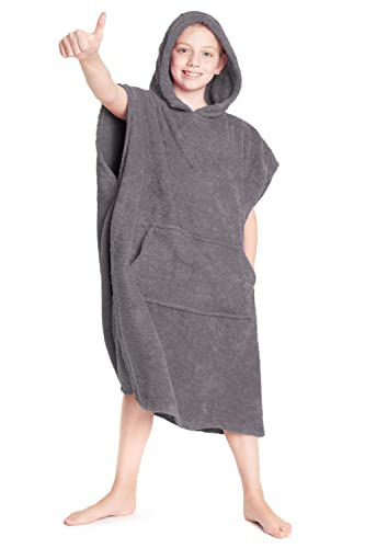 CityComfort Kapuzen Handtuch Poncho Für Kinder Bademantel Zum Wechseln Mit Taschen | Badeponcho Aus 100% Baumwolle | Ideal Für Ferien, Schwimmen, Surfen, Strand, Bad (10/13 Jahre, Anthrazit) von CityComfort