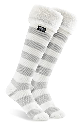 CityComfort Kuschelsocken Damen, Dicke Socken Damen, Rutschfeste Haussocken Damen, Kniehohe Strümpfe Damen (Grau/Weiß) von CityComfort