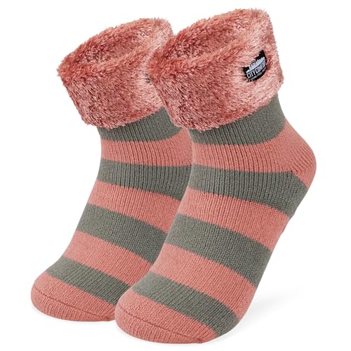 CityComfort Kuschelsocken Damen, Dicke Socken Damen, Rutschfeste Haussocken Damen (Grau/Rosa) von CityComfort